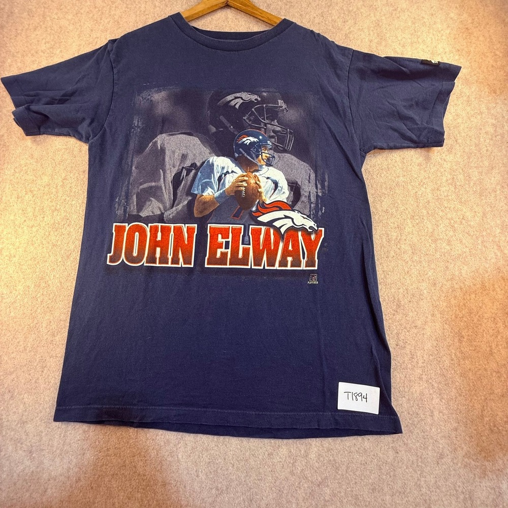 Vintage Starter Denver Broncos John Elway T Shirt Navy Blue Single Stitch Mens L